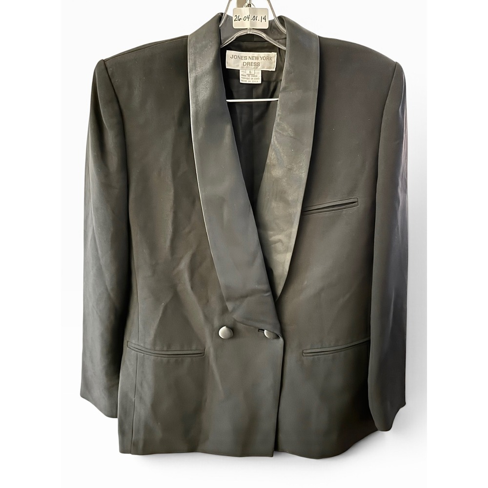 Jones New York Dress Black Tuxedo Blazer Size 6 Satin Shawl Collar Longline